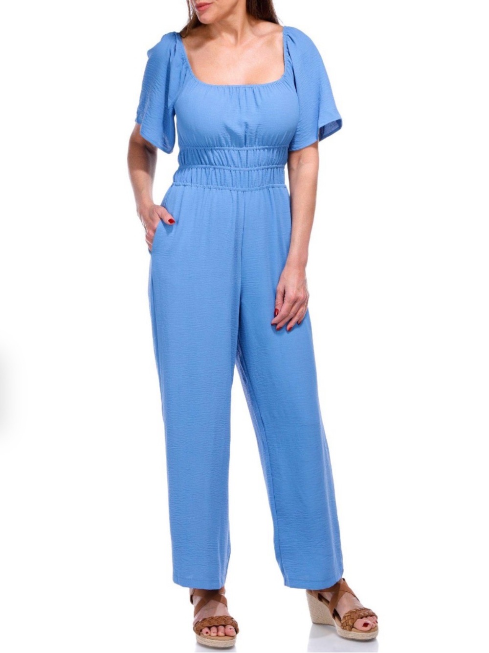 Luxology Light Blue Wide Leg Jumpsuit Pockets Smocked Waist Size Large EUC